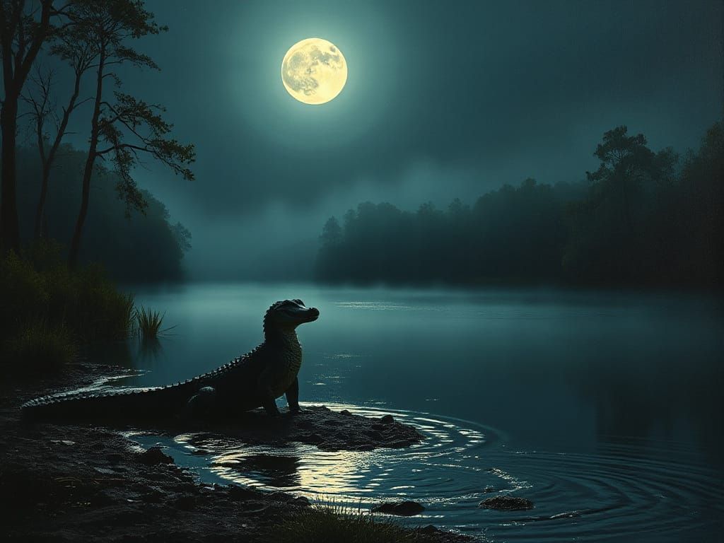 Alligator in Misty Wetlands at Night