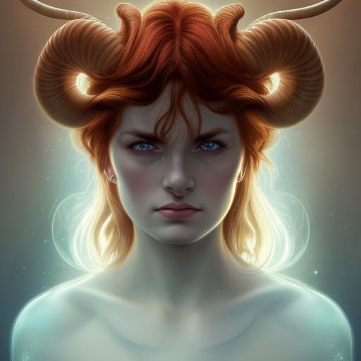Aries Woman with Ram Horns, Detailed Digital Art