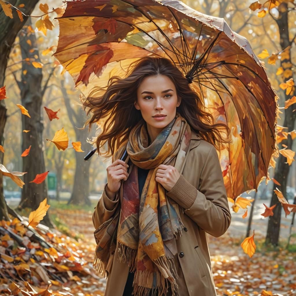 Woman Loses Umbrella in Impressionist Autumn Painting