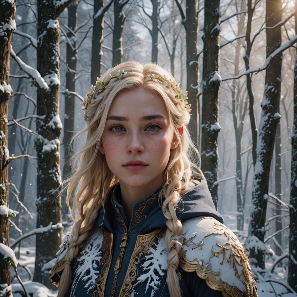 Blonde Girl Portrait in Snowy Forest, Digital Art