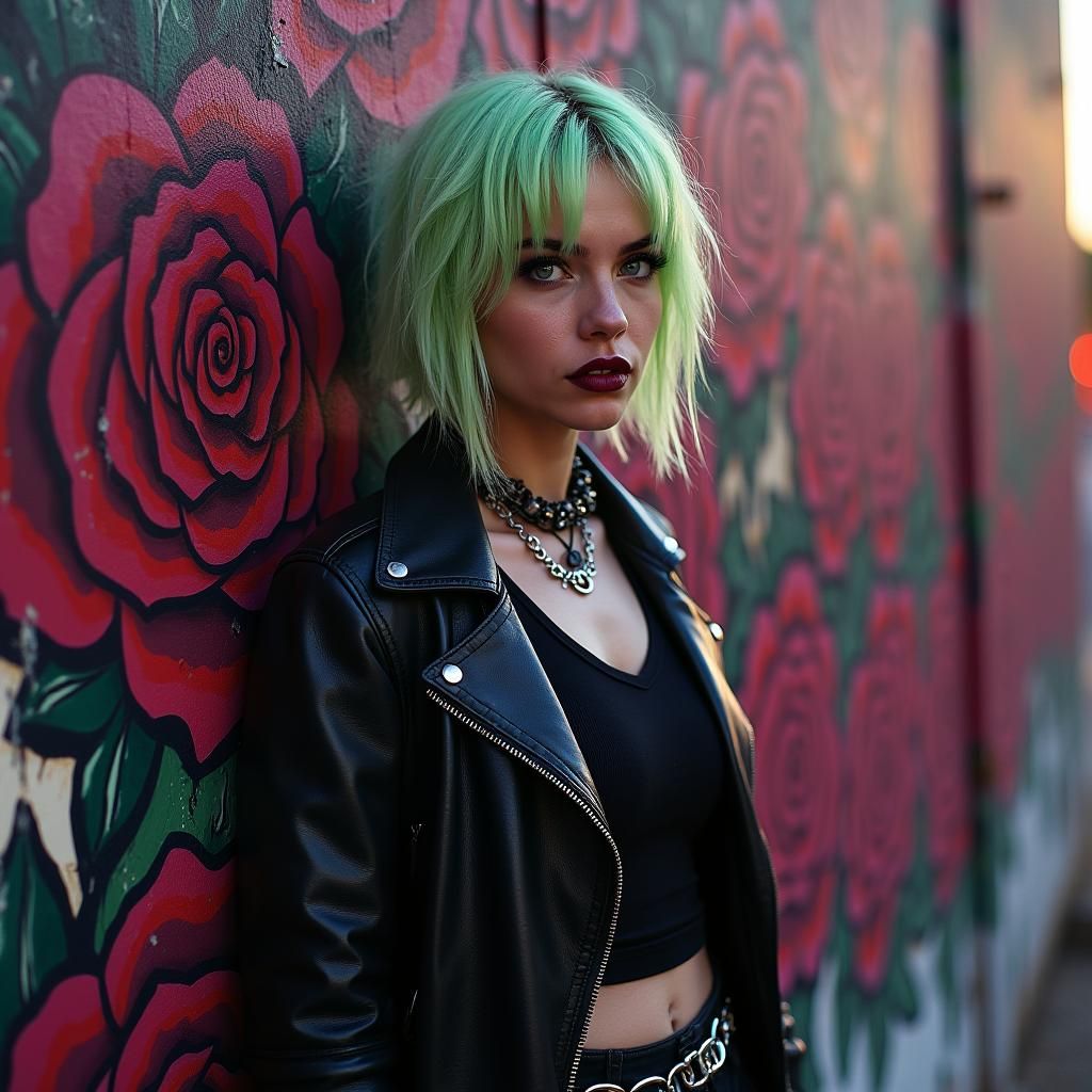 Punk Girl in Retro-Futuristic Floral Graffiti Ambiance