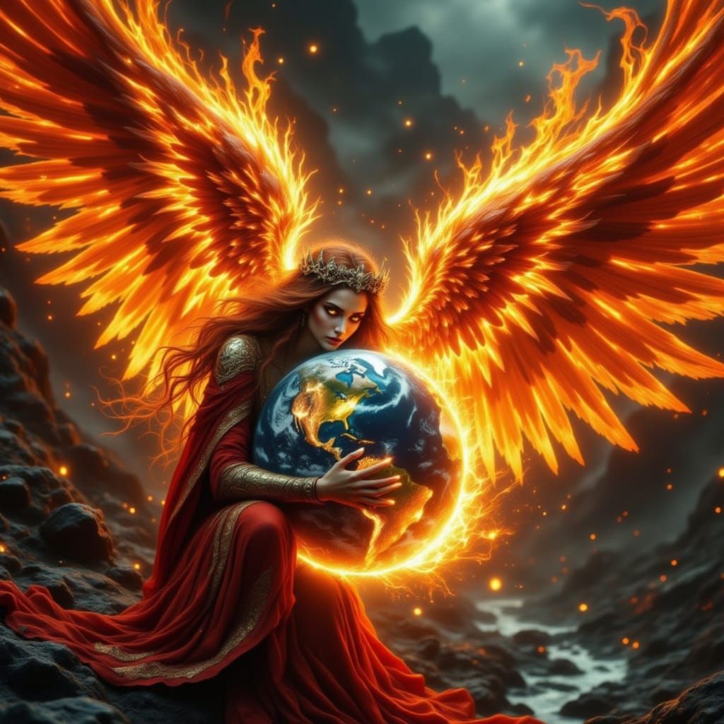 Flame Angel Holding Earth in Sci-Fi Style