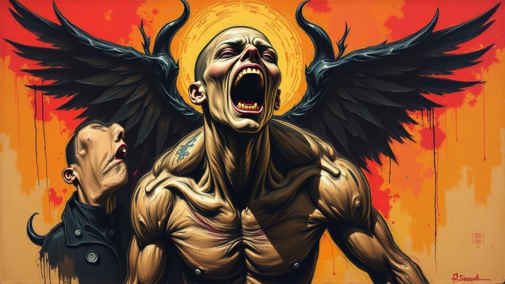 Evil Muscled Man Howling with Satanic Tattoos