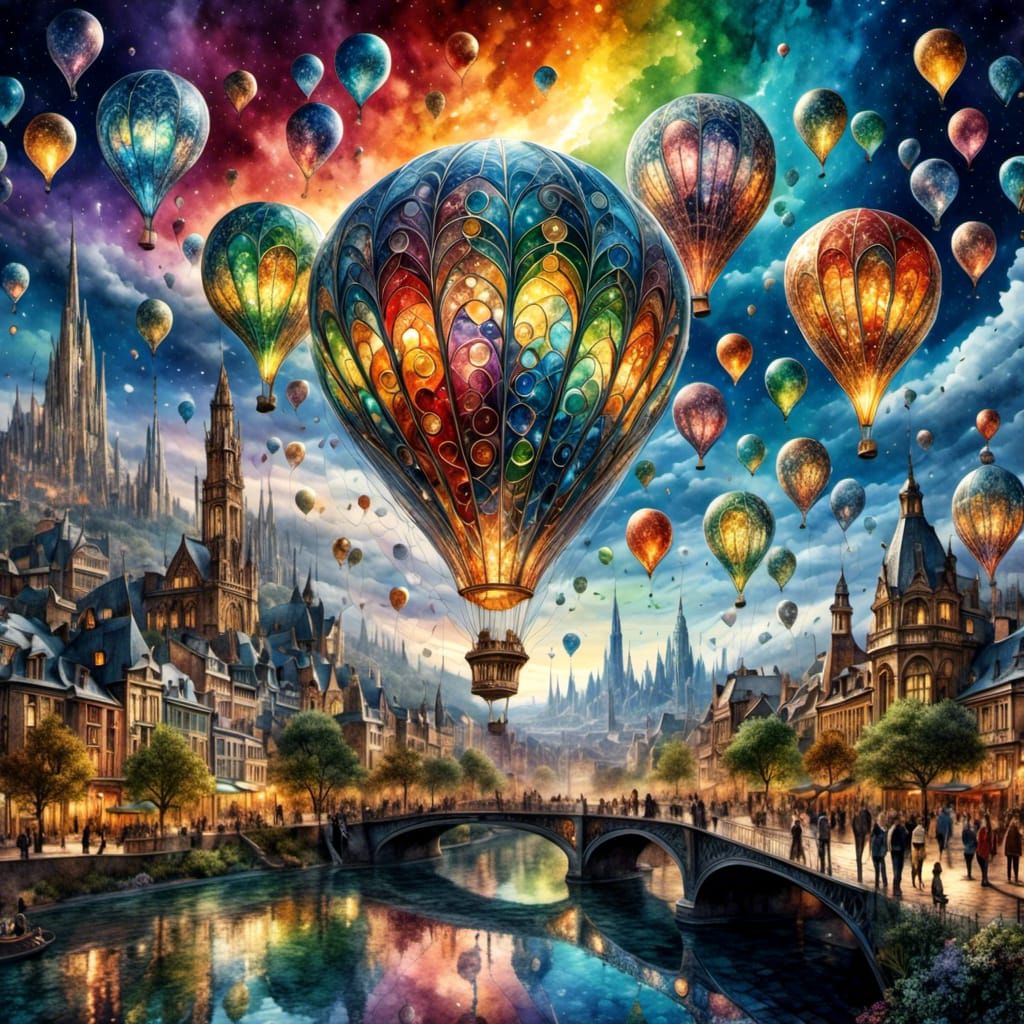 Rainbow Crystal City in Digital Watercolor Style