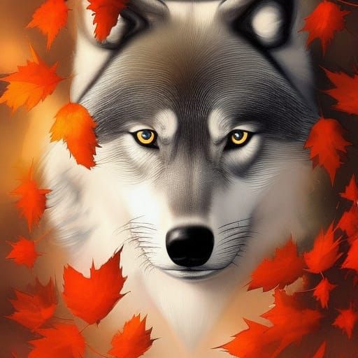 Wolf Portrait with Autumn Leaves, Digital Art