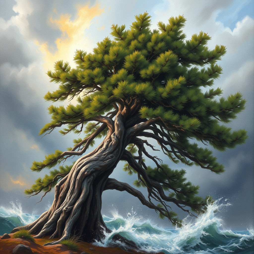 Cedar Tree Dances in Storm: Oil Painting
