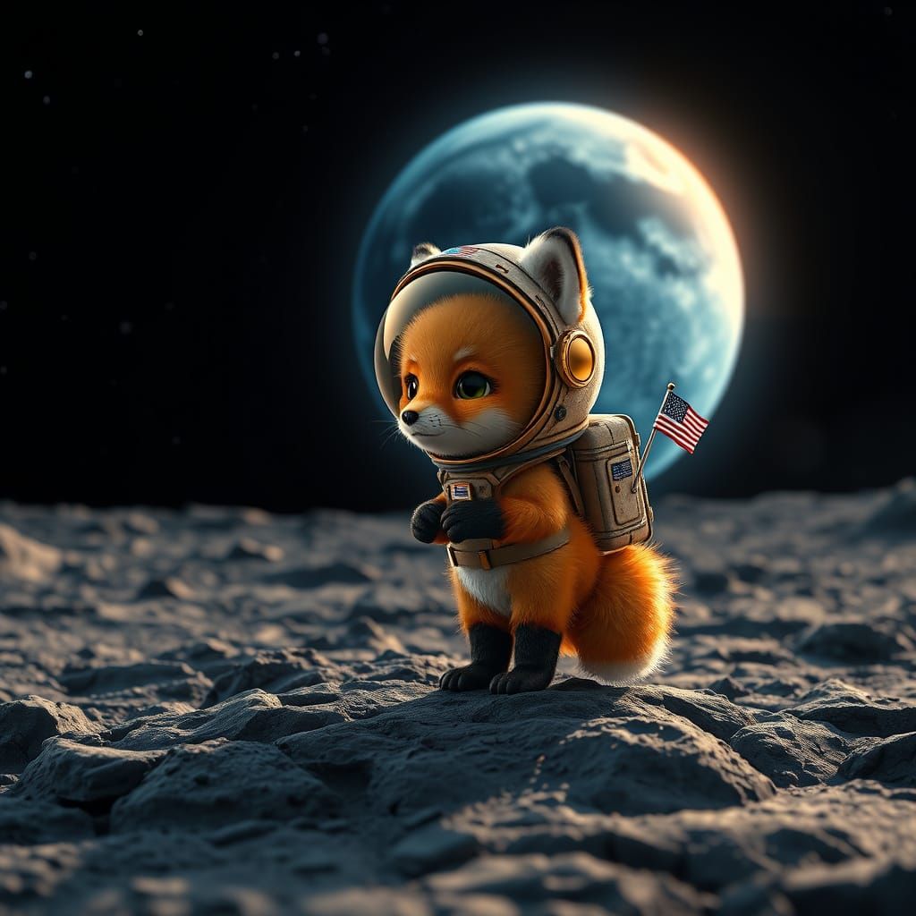 Whimsical Fox Astronaut Stands on Moon's Cratered Surface
