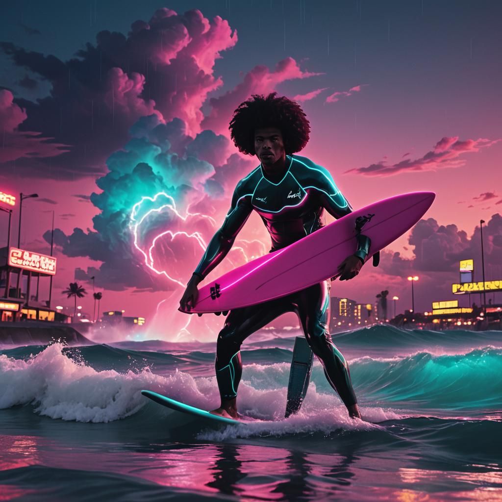 Surfing a Huge Wave in Synthwave Neon Style