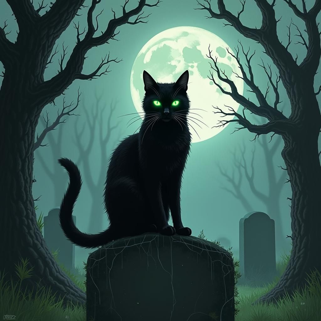 Mysterious Black Cat in Misty Cemetery, Gothic Art