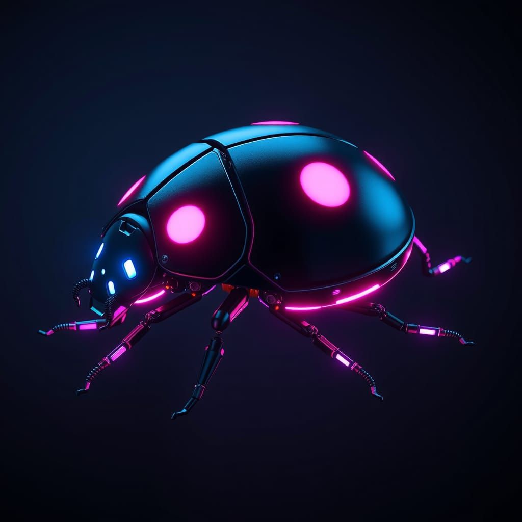 Mechanized Ladybug Flying with Neon Cybernetic Design