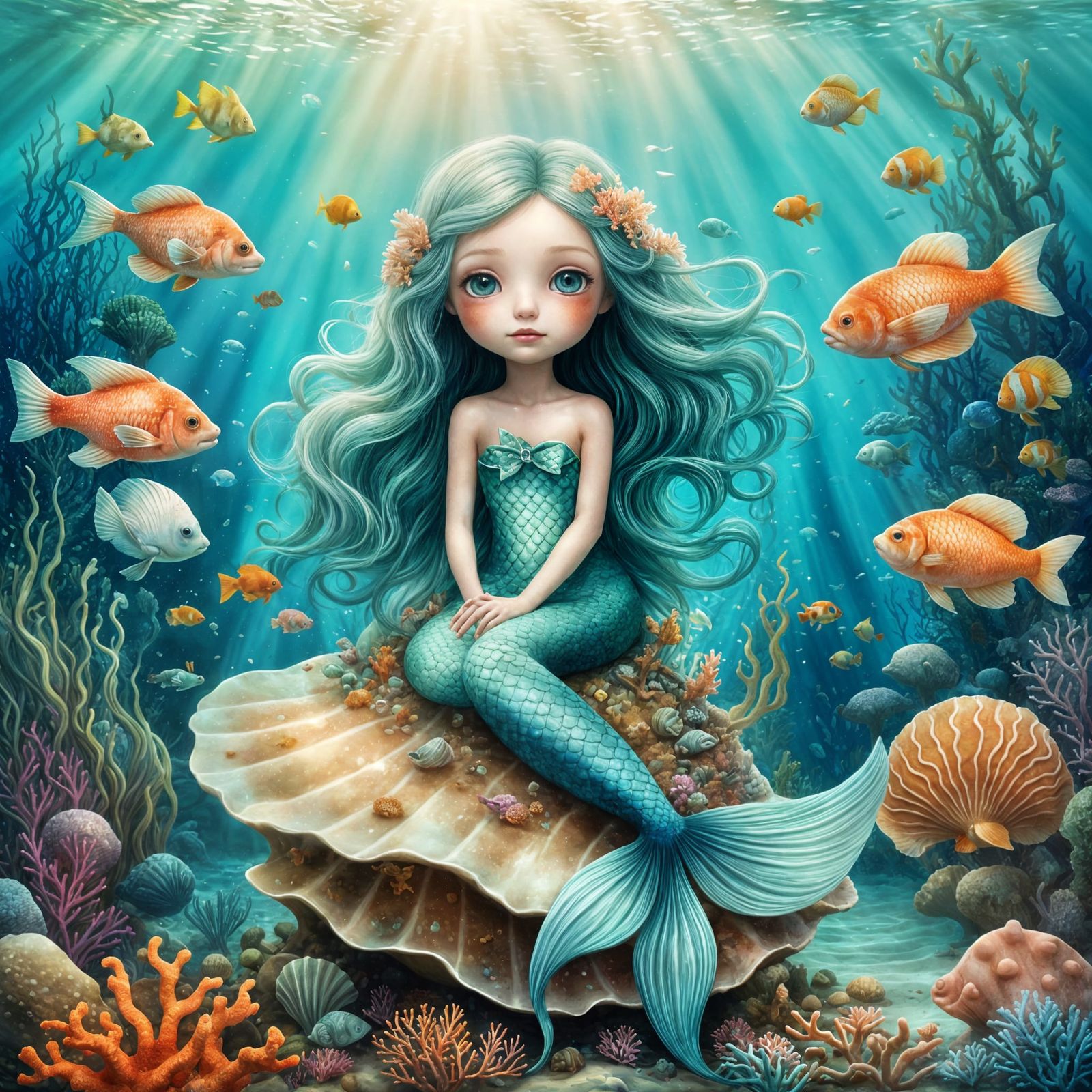 Dreamy Mermaid on Seashell Throne, Digital Illustration