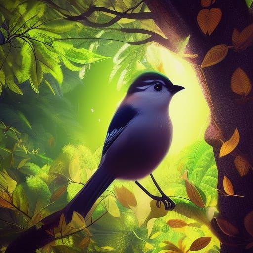 Bird Trapped in Mystical Forest, Hyperrealistic Splash Art