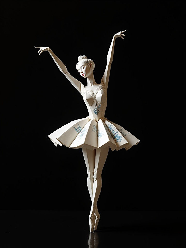 Origami Ballerina in Winter Landscape, Papercut Style