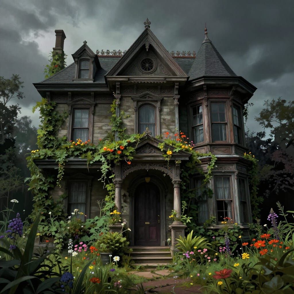 Gothic Victorian House with Wildflowers in Matte Painting St...