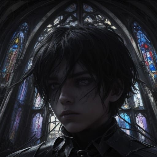 Defiant Boy in Ruined Cathedral: Gothic Masterpiece