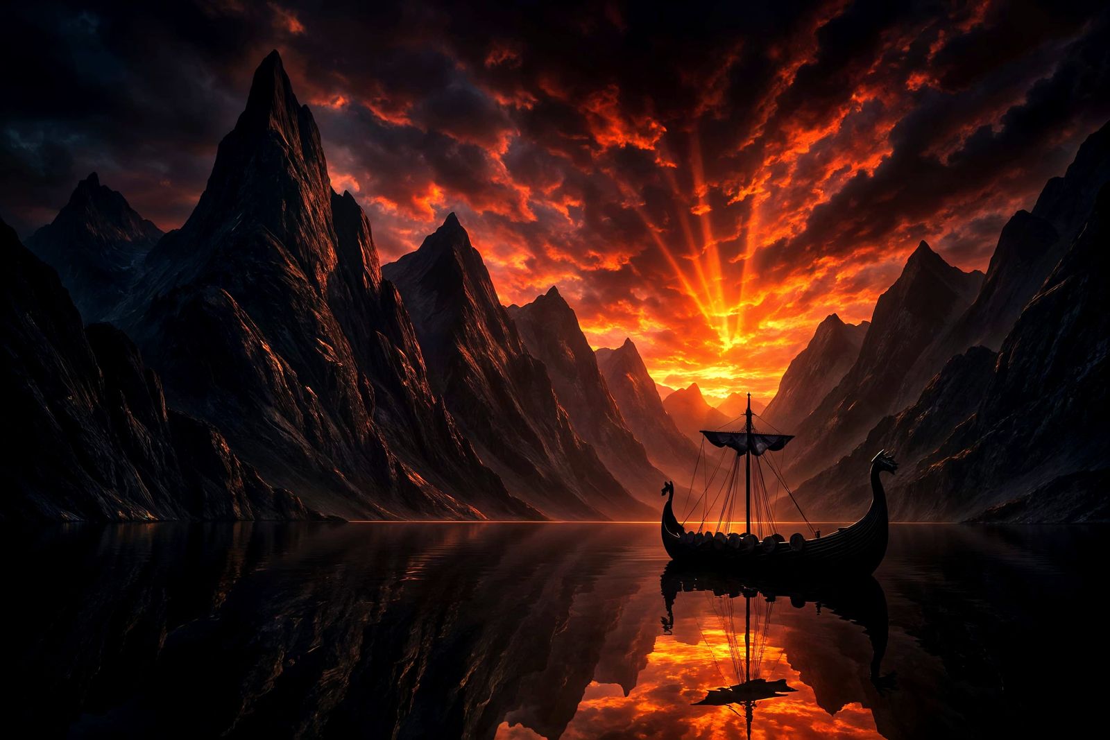 Majestic Fjord Sunset with Viking Longship