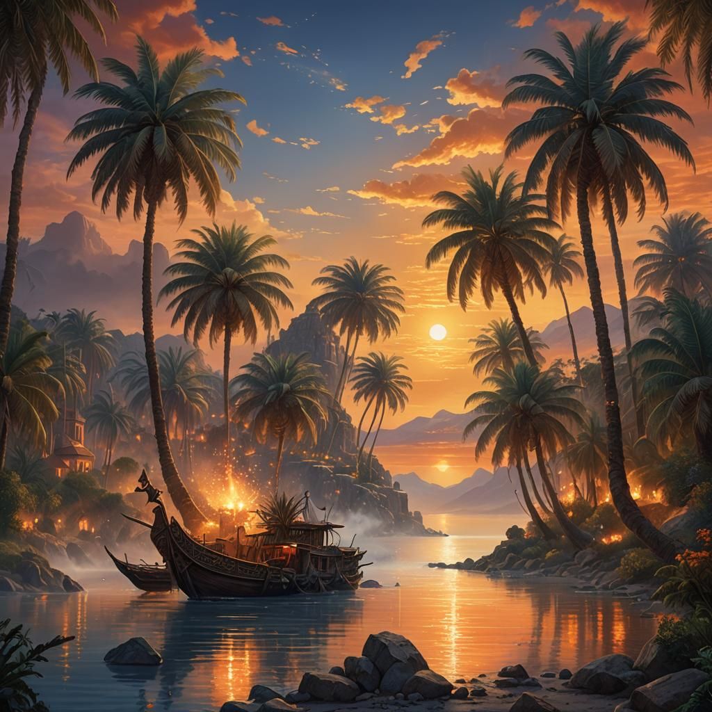 Galilee Sunset: Detailed Digital Art Nouveau Scene