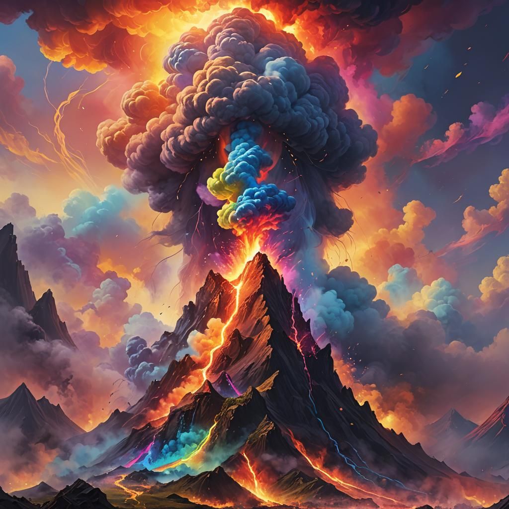 Rainbow Smoke Erupts in Mystical Realm: Oil Painting