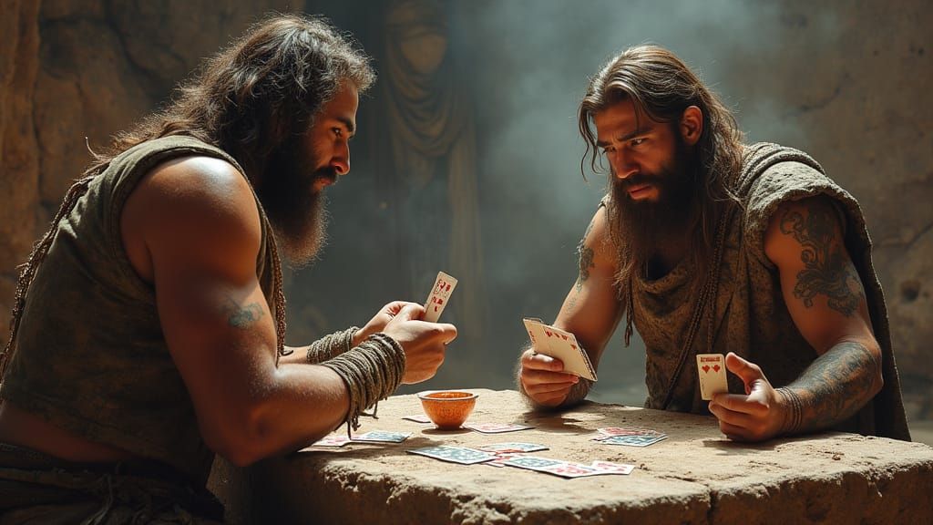 Caveman and Spaceman Play Cards in Unique Encounter