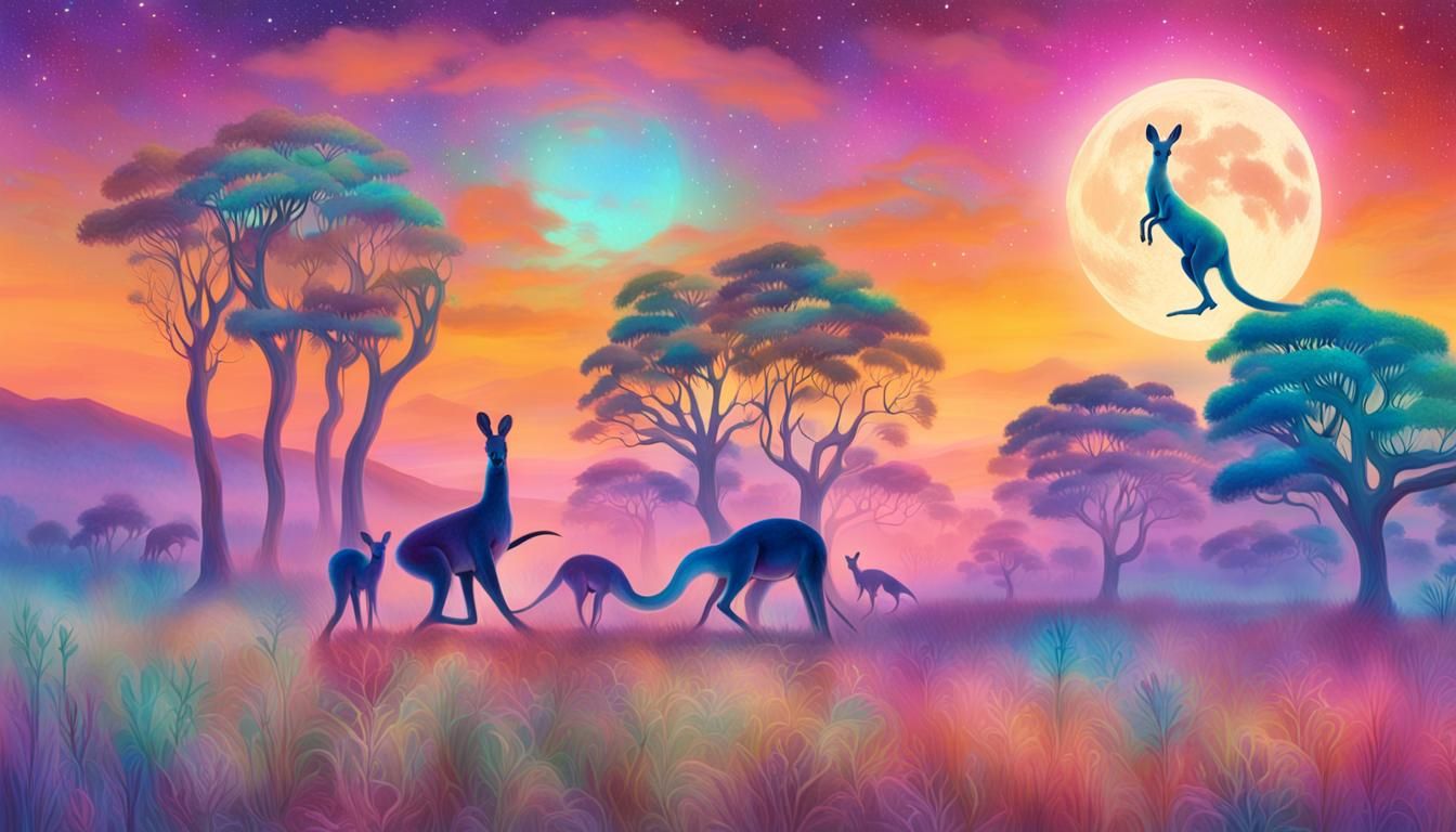 Astral Kangaroo Family: Holographic Shamanic Illustration