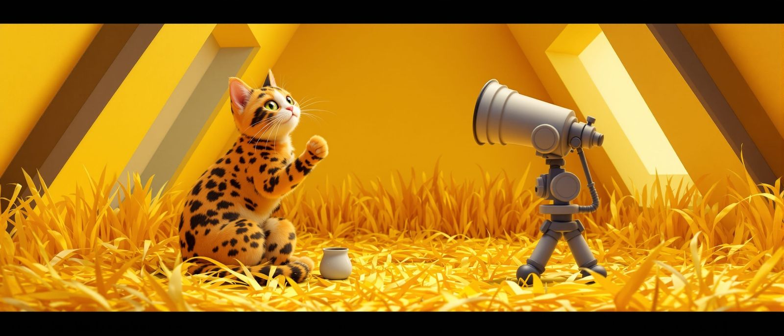 Whimsical Cat Astronomer in Hayloft, Cubist Style