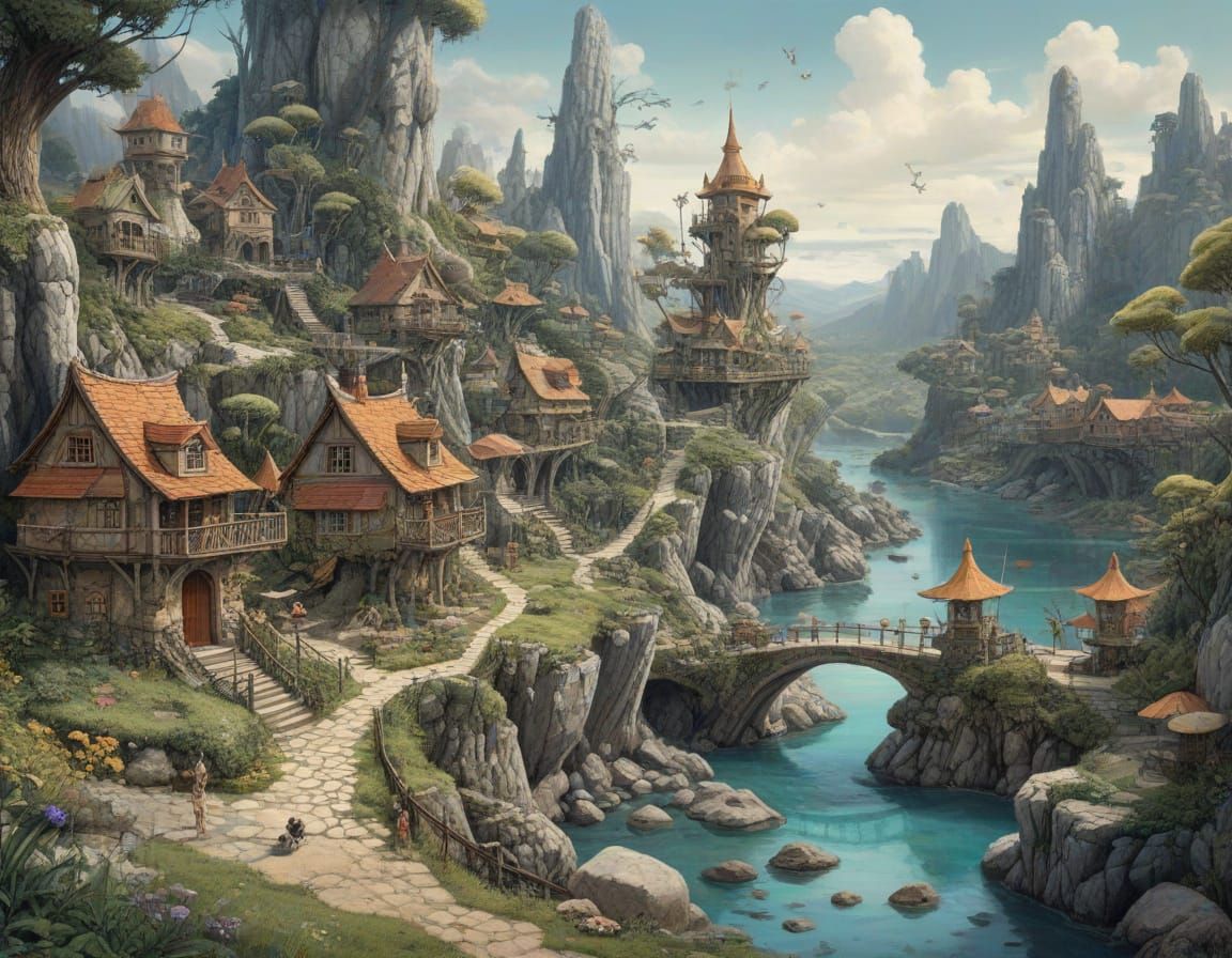 Whimsical Fairy Village in a Dystopian Dreamscape