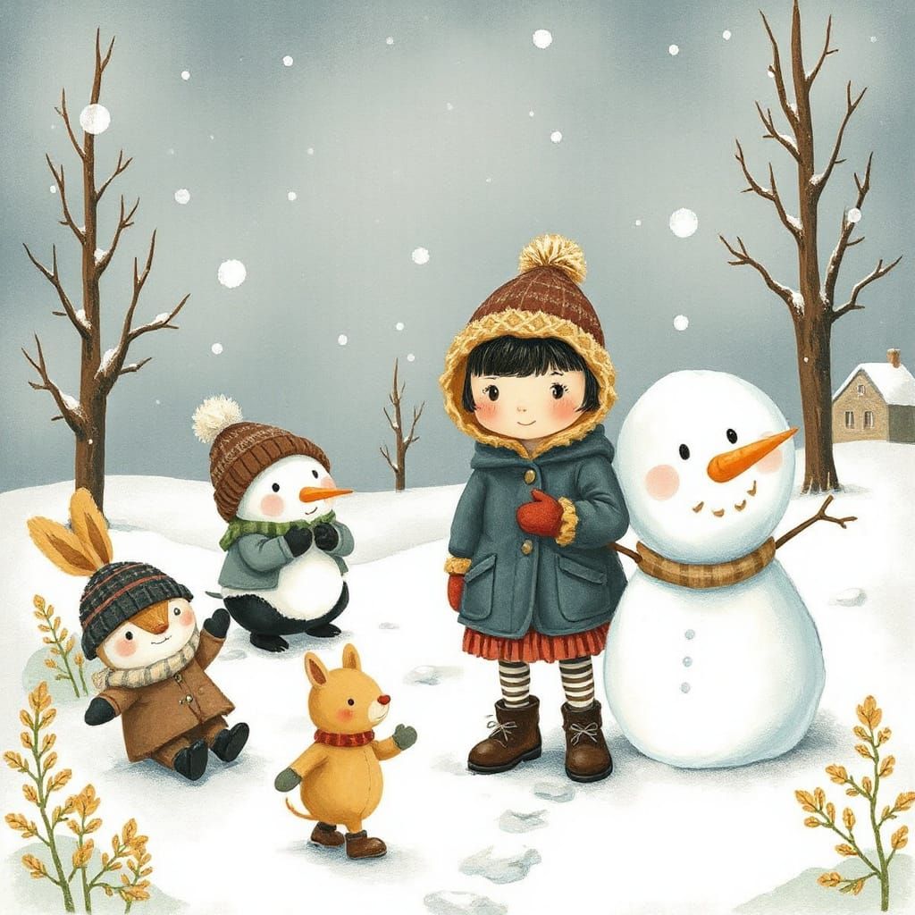 Folklore Winter Scene: Hunter Building Snowman