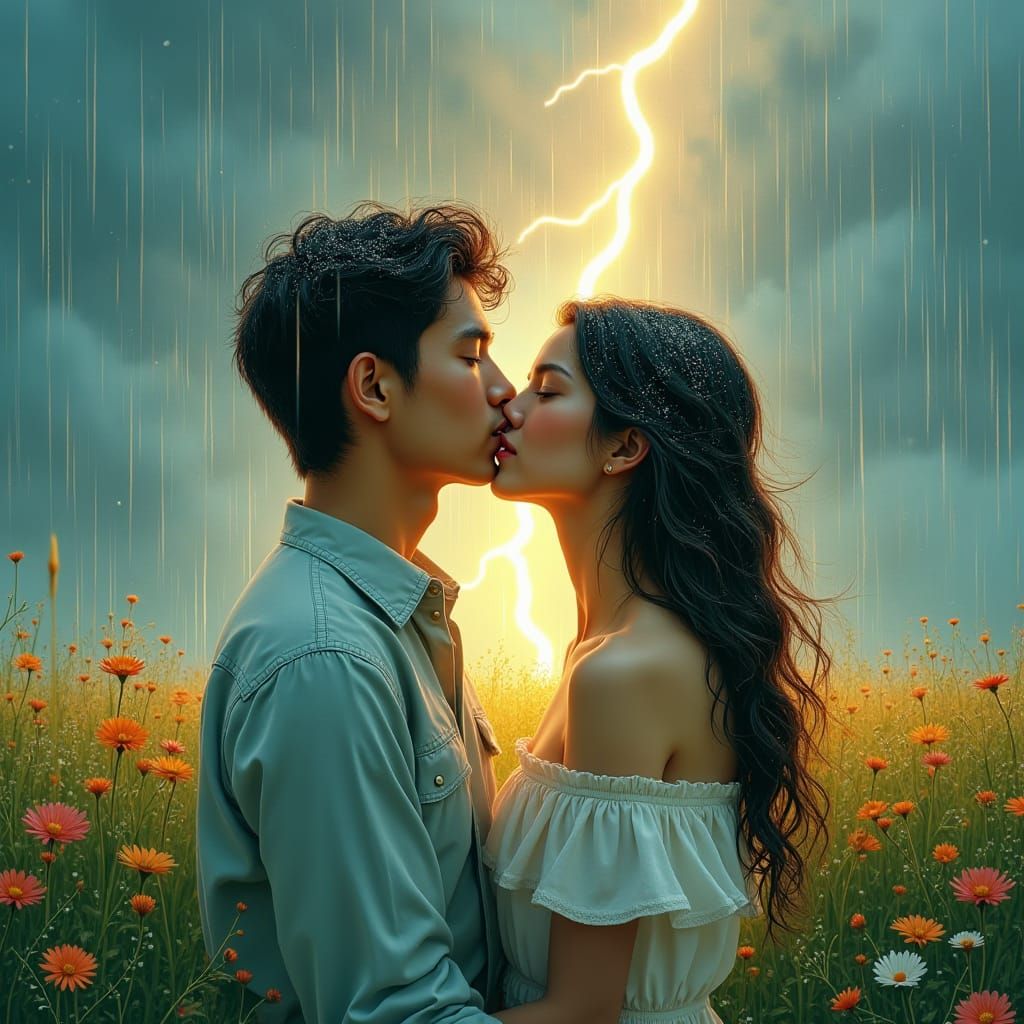 Couple's Tender Kiss at Dawn in Gouache Style