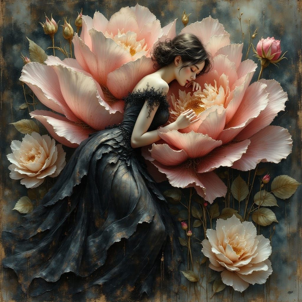 Woman Sleeps in Giant Rose Petals with Moody Lighting