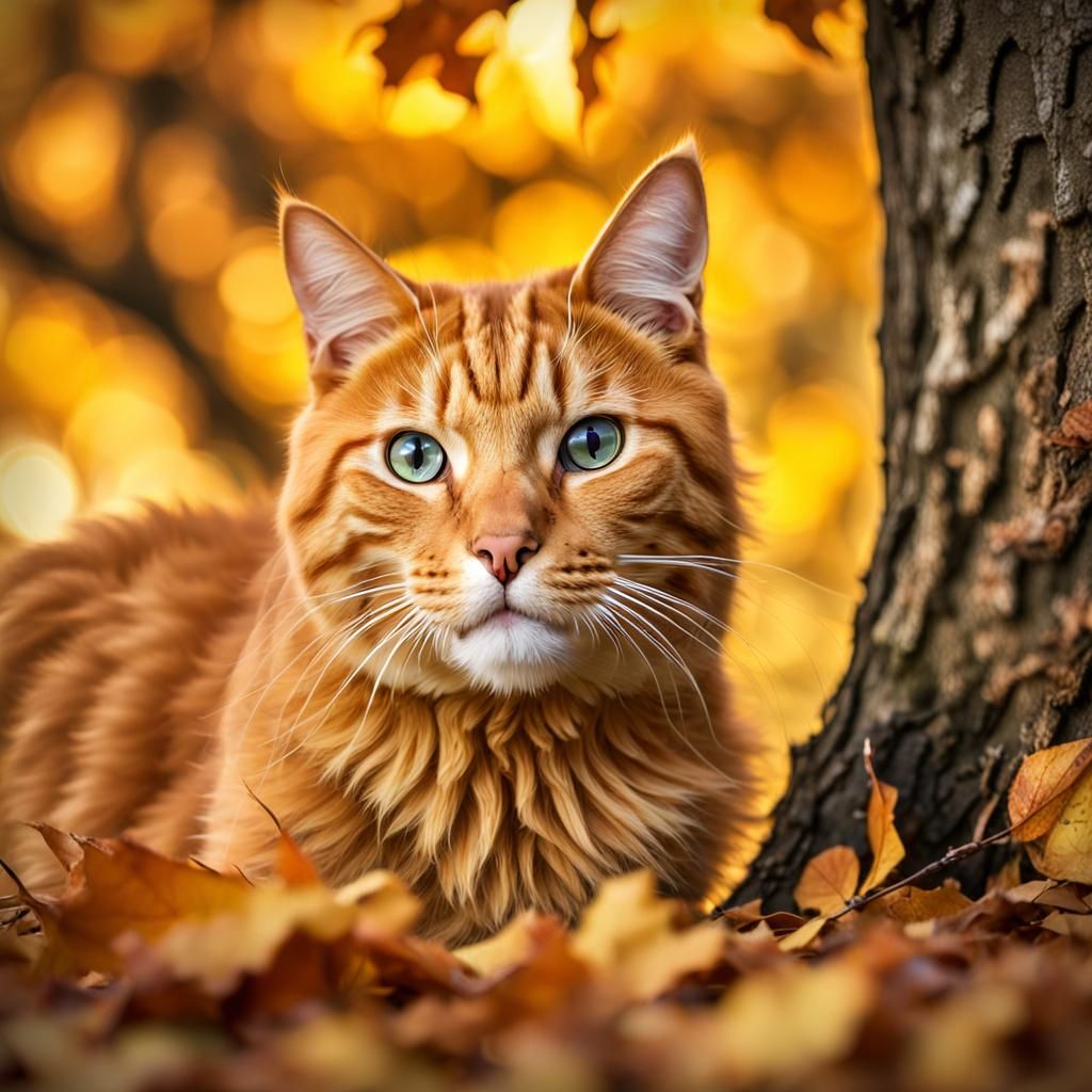 Ginger Cat in Autumn Leaves: Hyperrealistic Wildlife Photo