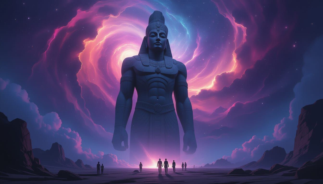 Colossal Deity Statue in Swirling Nebula, Futuristic Figures