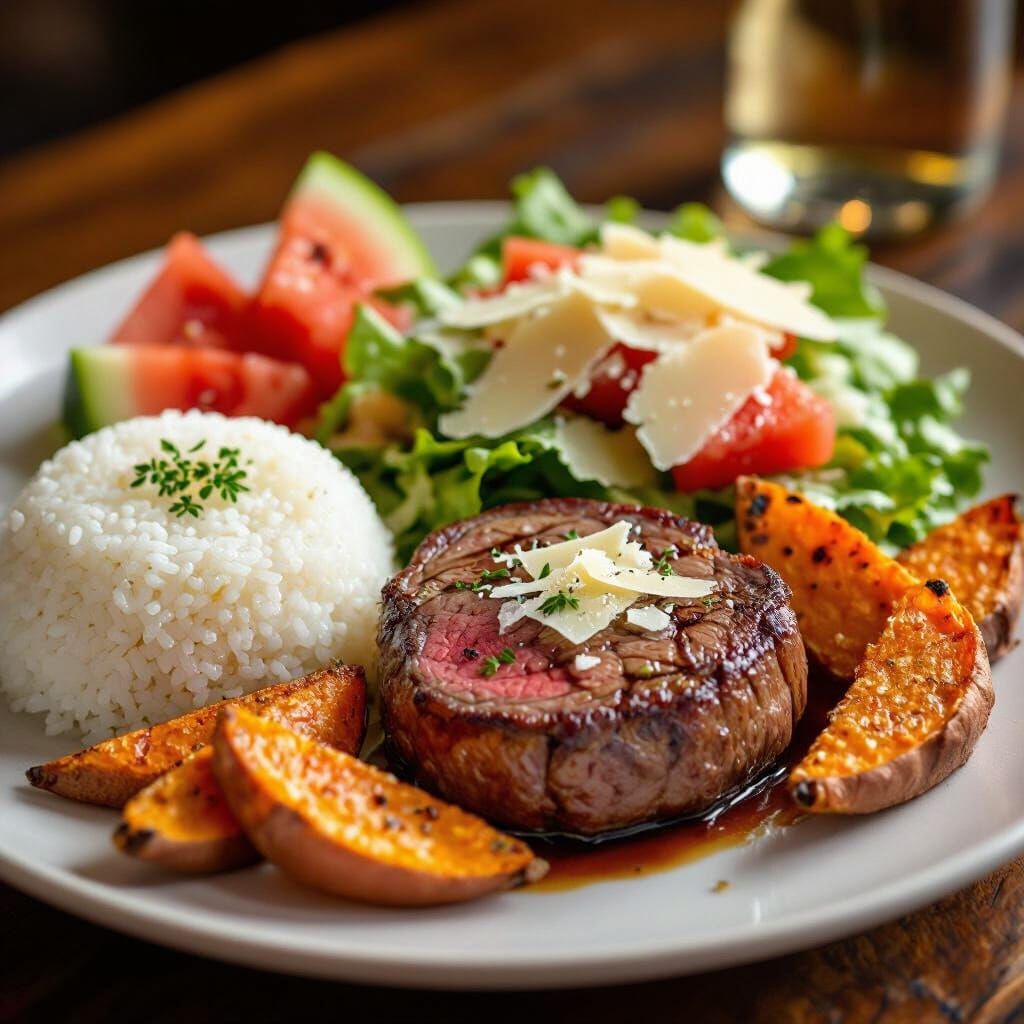 Gourmet Meal Photography: Roasted Beef, Salad, and Watermelo...