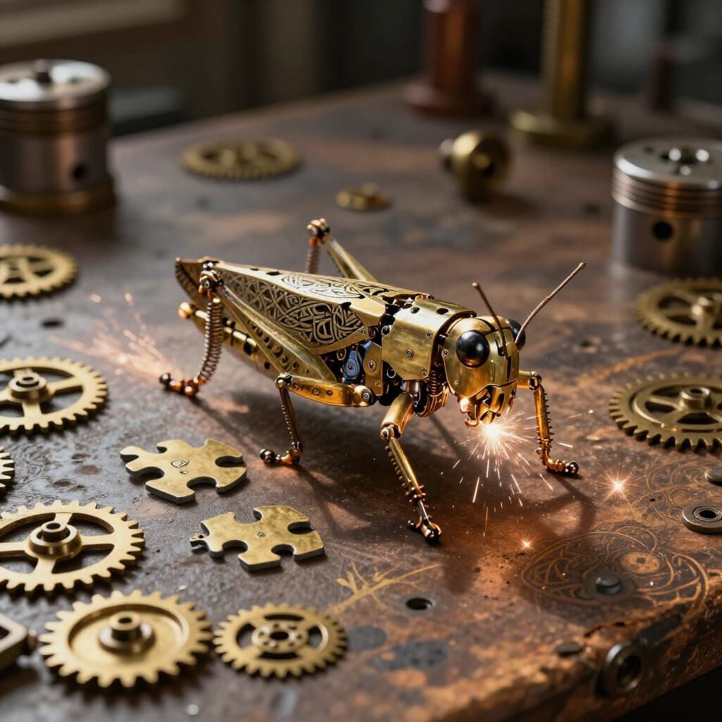 Steampunk Mechanical Grasshopper Assembling on Workbench