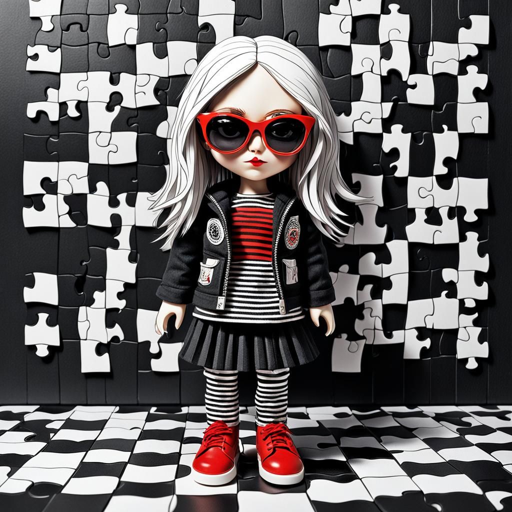 Chibi Goth Puzzle Doll in Charcoal Drawing Style