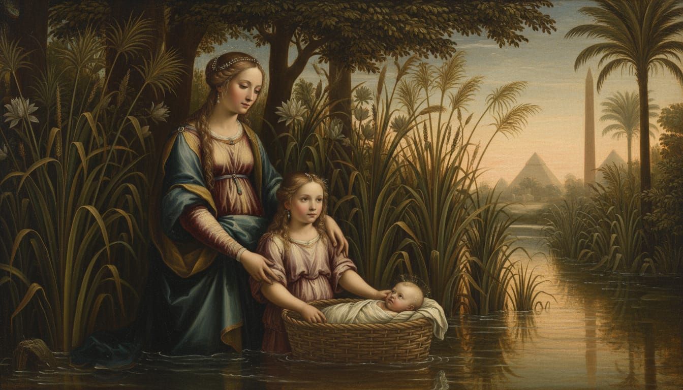 Renaissance Masterpiece: Nile River Scene with Mother and Ch...
