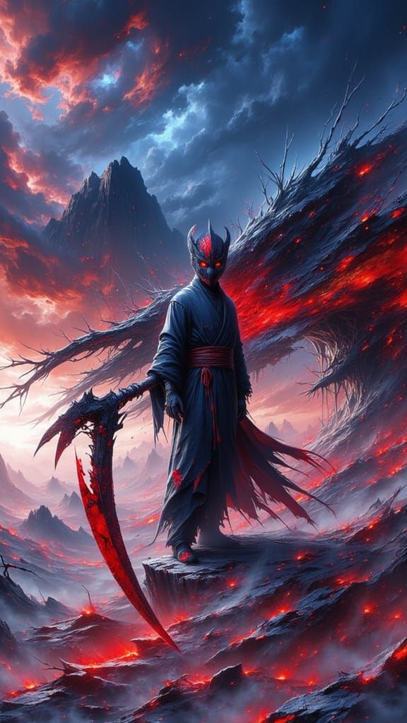Modern Ninja with Bloody Scythe in Dramatic Lighting
