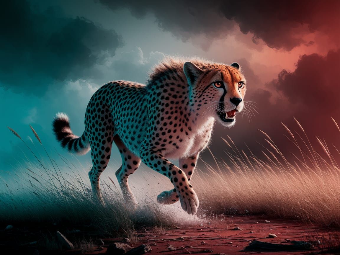 Cheetah in Full Sprint Amidst Teal and Red Hues on the Seren...