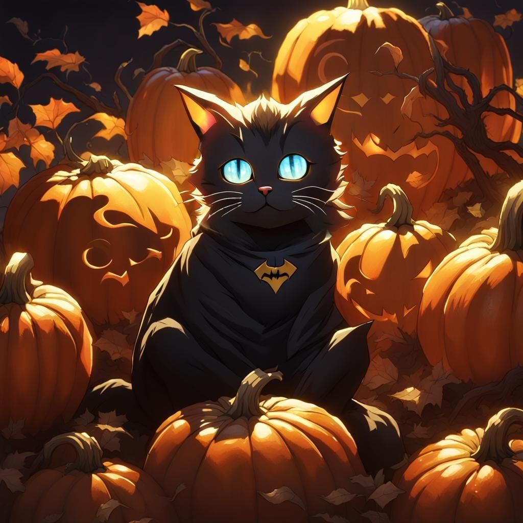 Cat in Batman Mask Inside Halloween Pumpkin