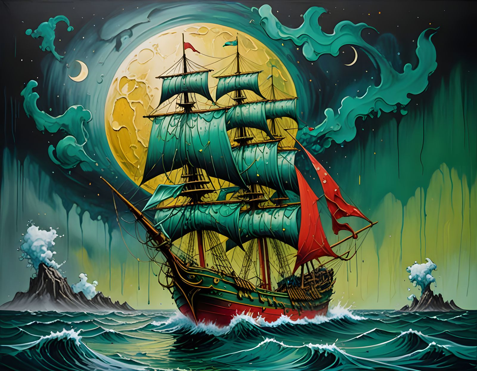 A tall ship on a storm of blue and green