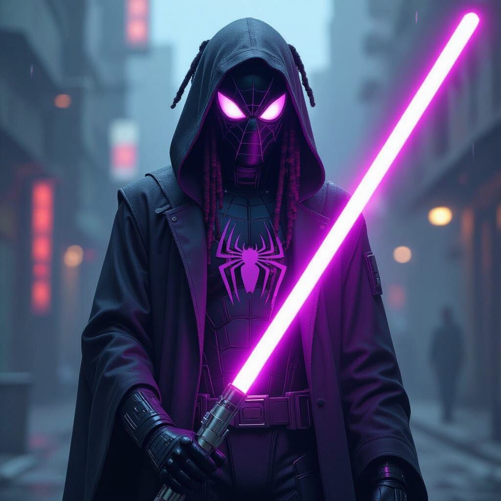 Cyberpunk Spiderman with Purple Lightsaber and Jedi Robe