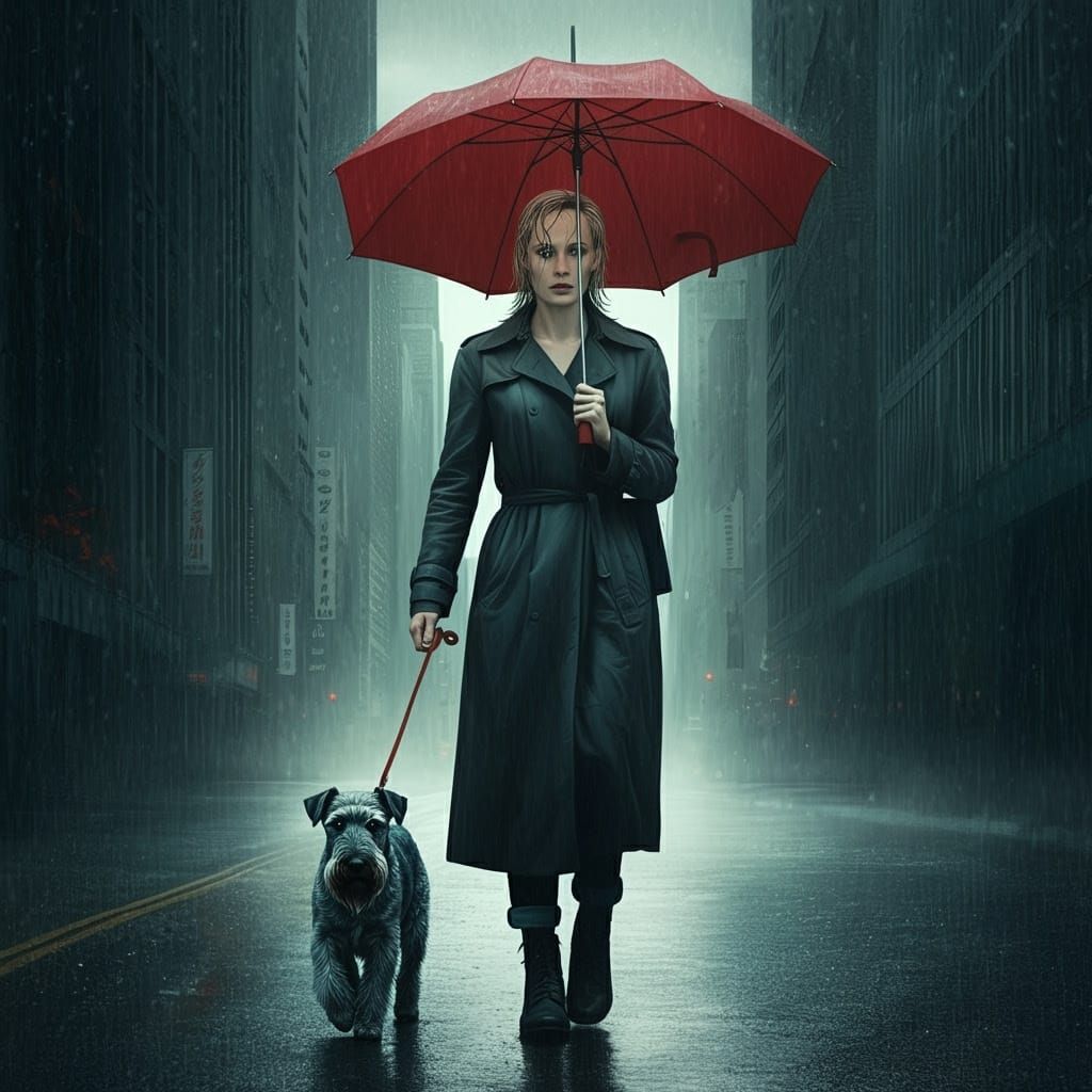 Moody Lady Walks Kerry Blue Terrier in Rainy City Streets