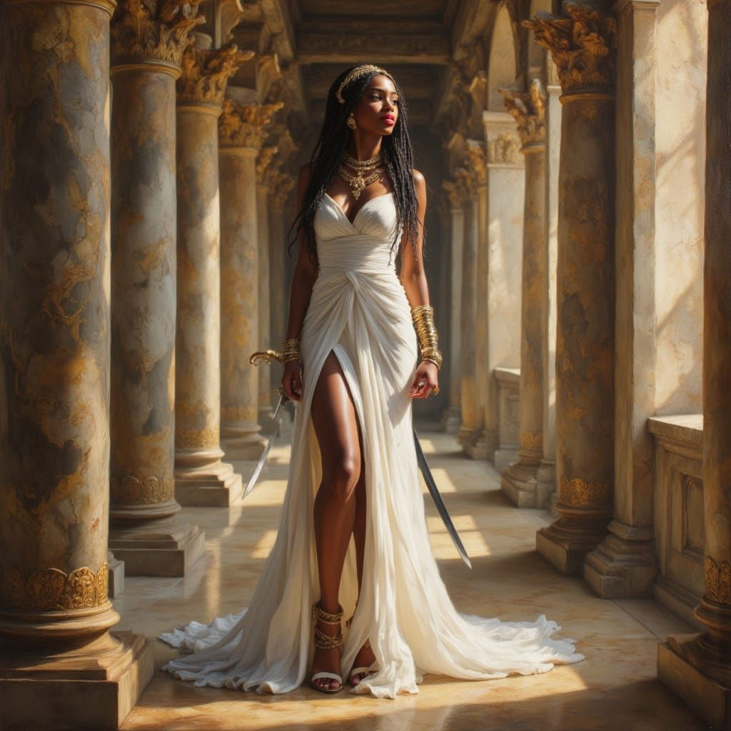 African Warrior Goddess in Ancient Palace, Oil Painting Styl...