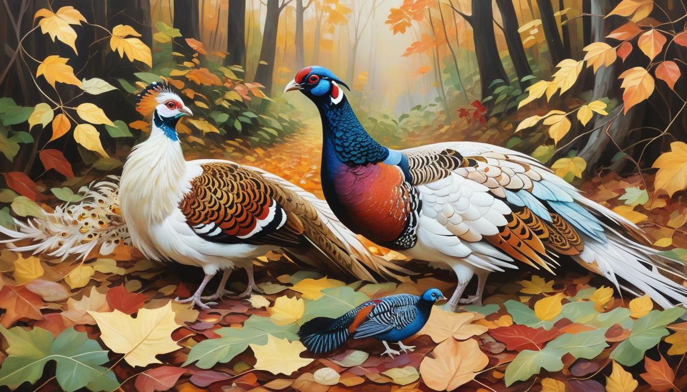 Autumnal Pheasant Feeds Chick, Oil Painting Style