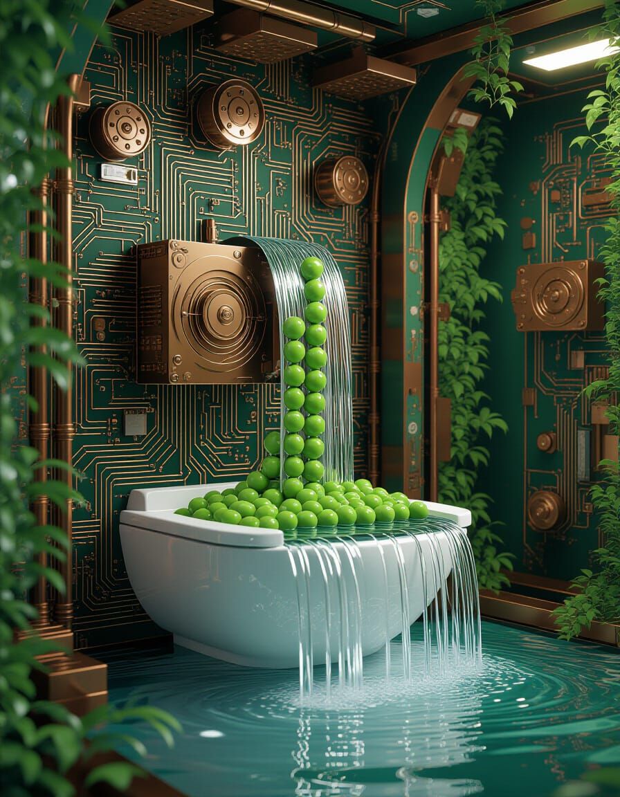 Steampunk Waterfall Flowing Inside Organic Motherboard