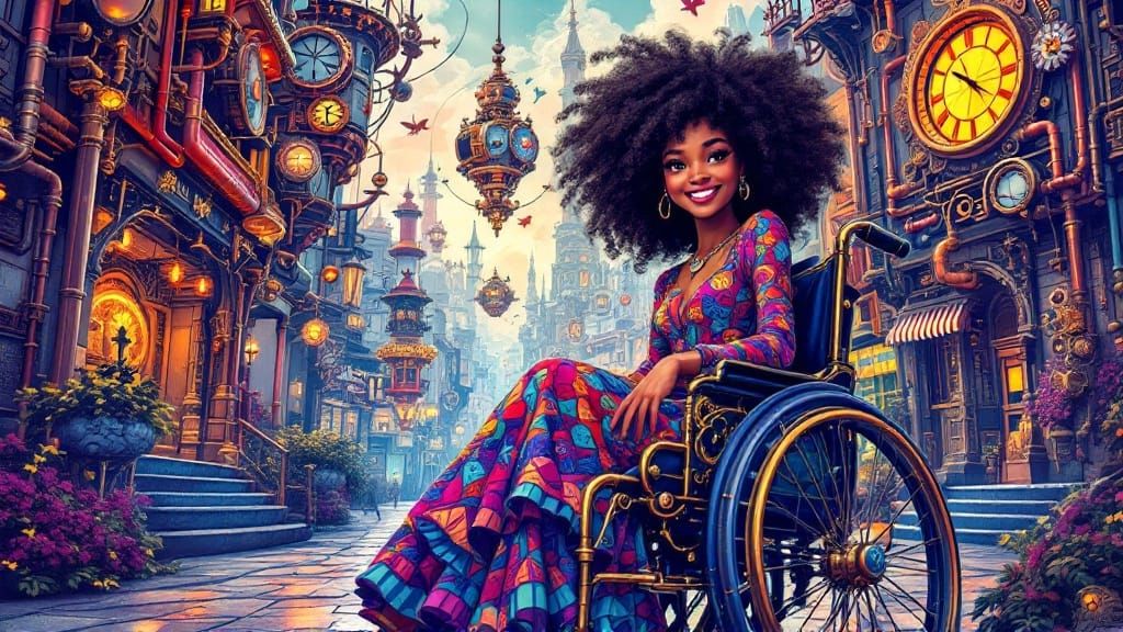 Steampunk Girl in Vibrant, Imaginative Cityscape