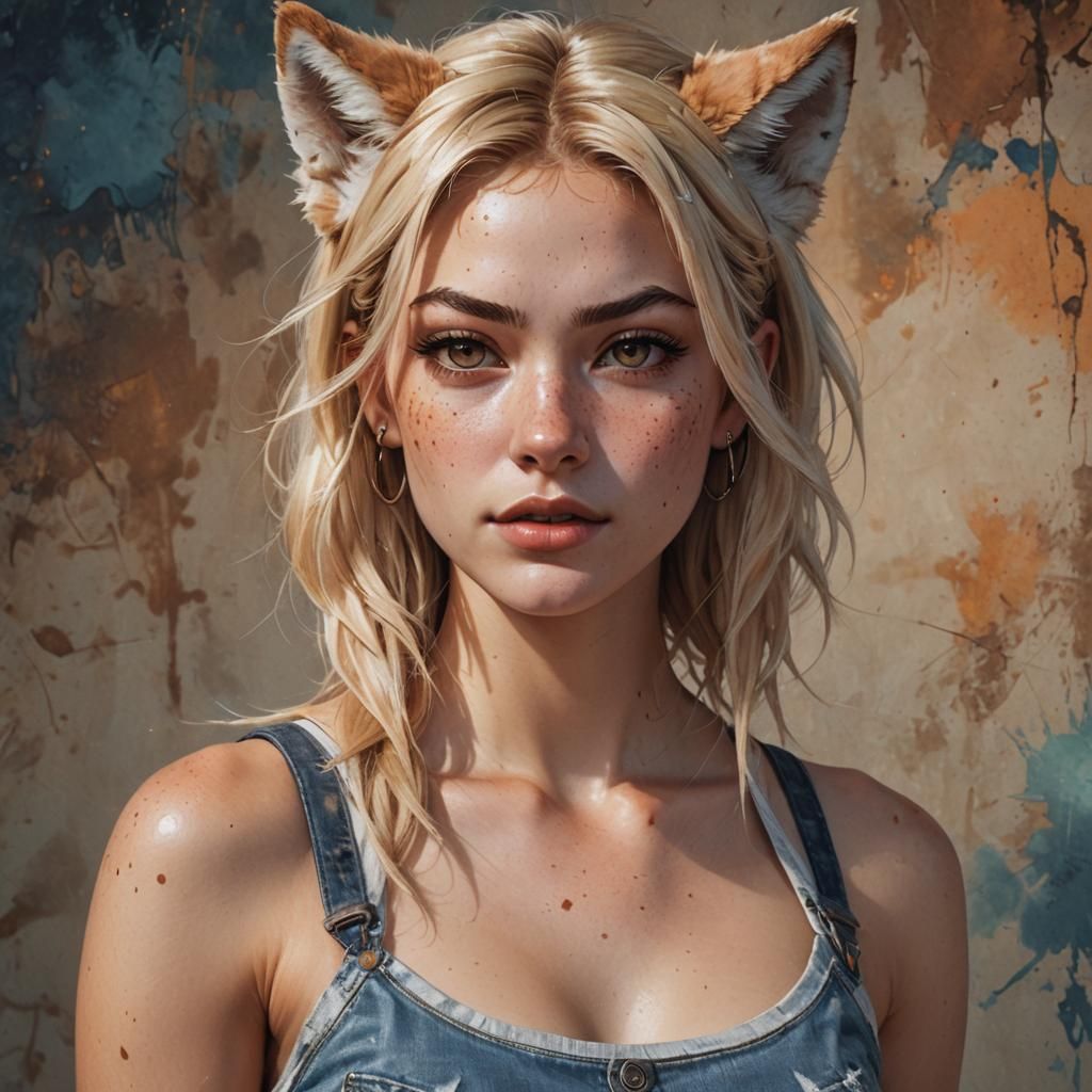 Blonde Girl with Wolf Ears, Hyperrealistic Splash Art