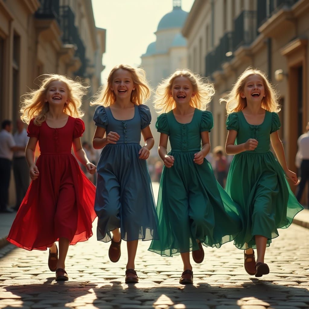 Victorian Girls Laughing in Golden Hour Street Scene