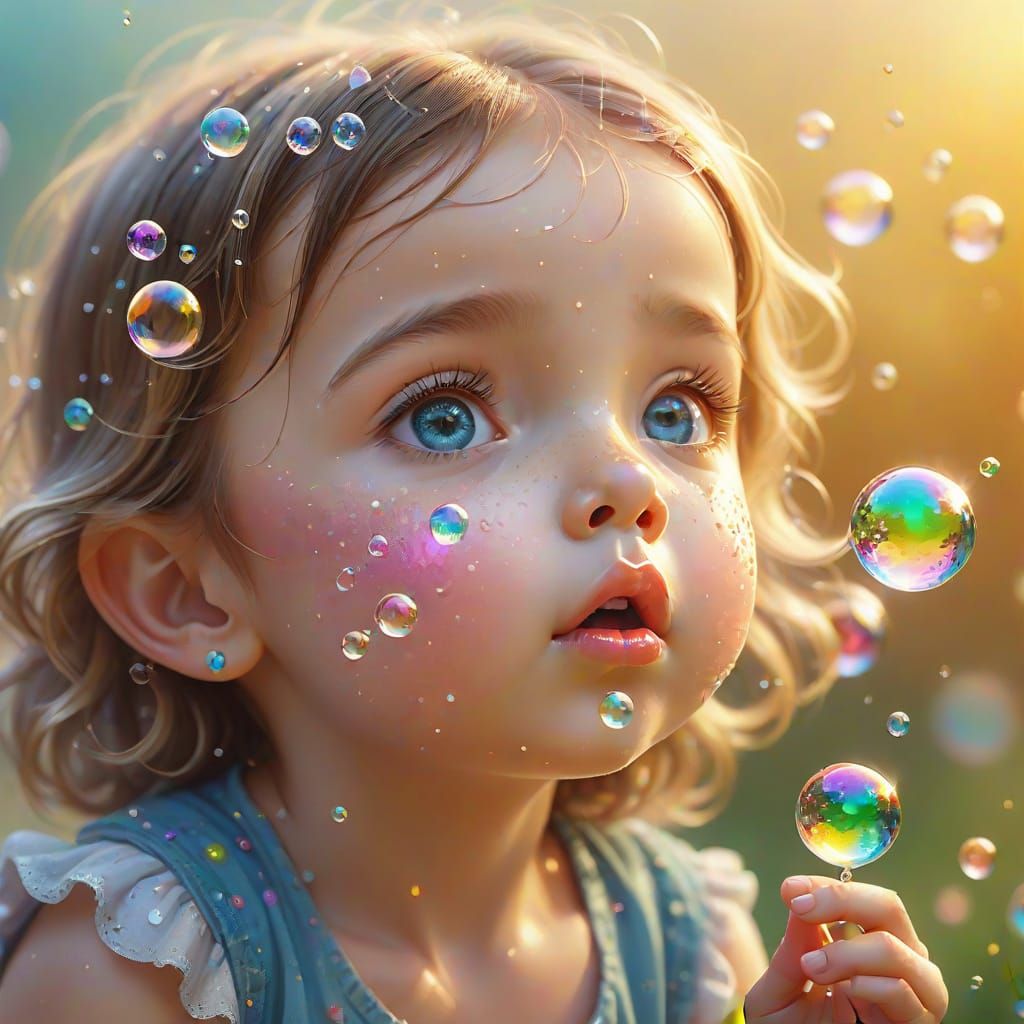 Child Blowing Bubbles: Whimsical Digital Art
