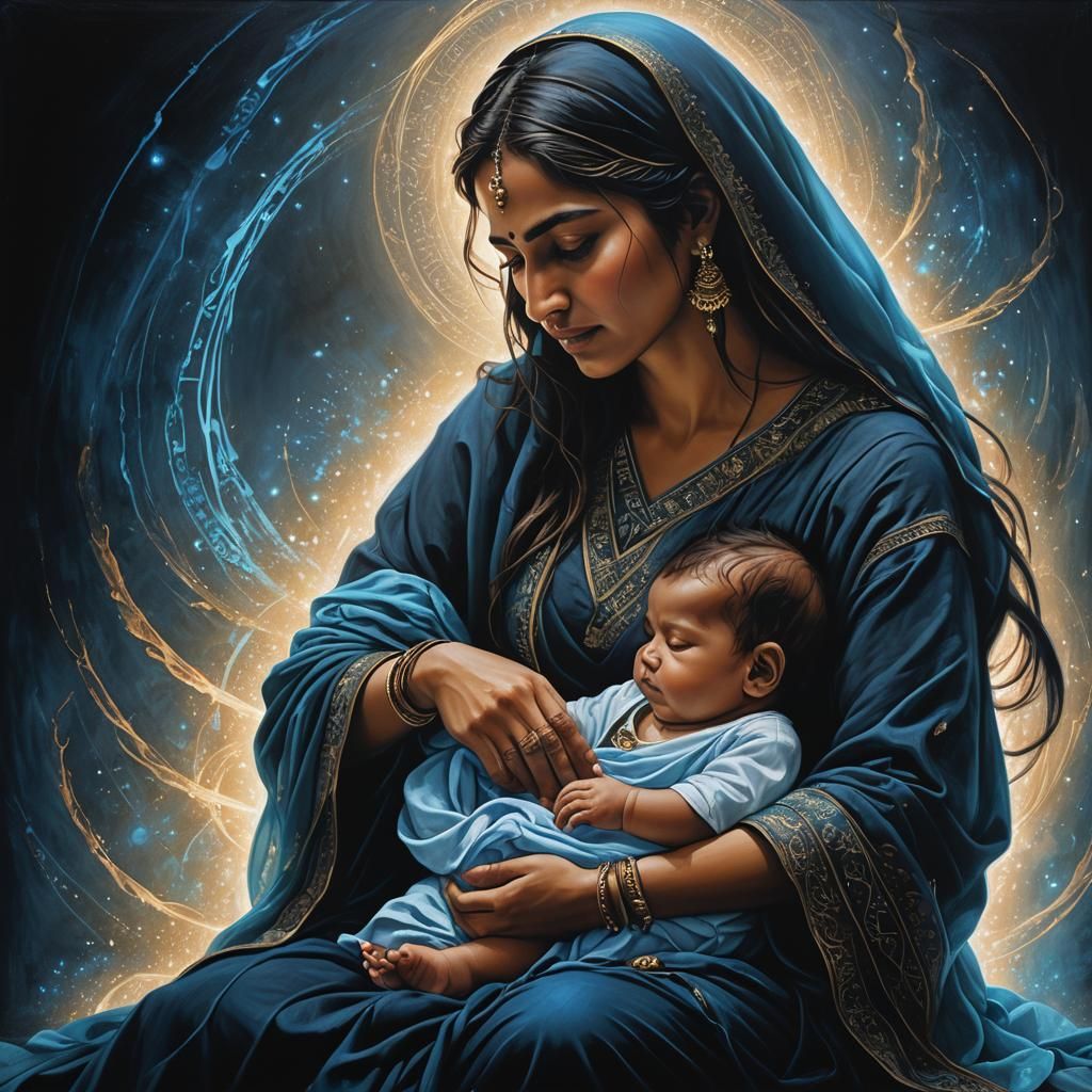Pakistani Woman and Baby in Blue Light, Digital Art