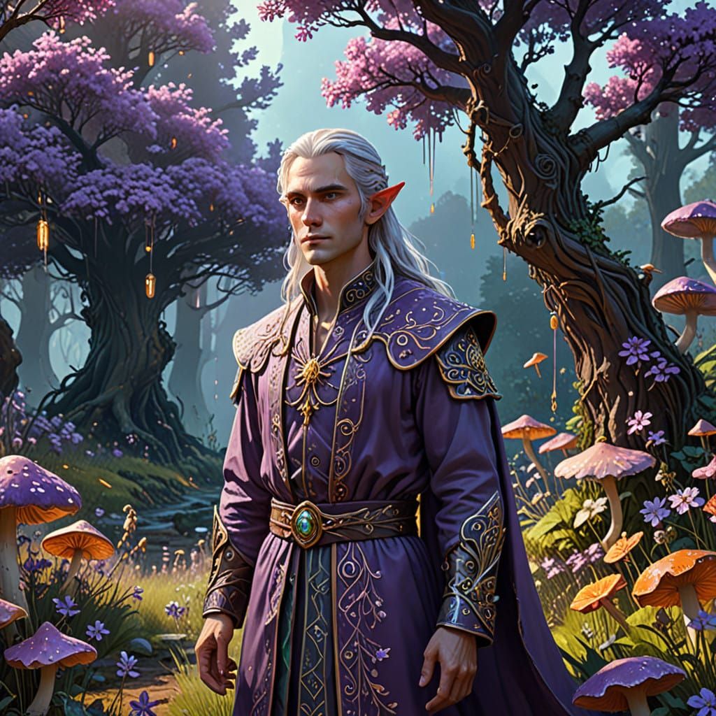 Elegant Male Elf in Vibrant Fantasy Garden